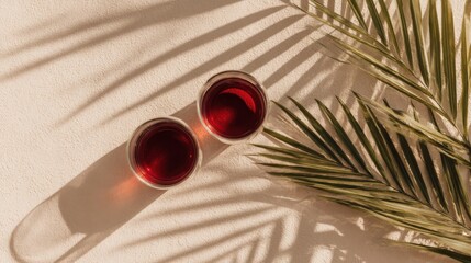 Poster - Two glasses of red drink on textured surface with palm leaf shadows overhead shot in natural light