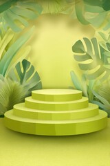 Poster - Green podium display for product placement with tropical leaf decoration studio shot backdrop for marketing