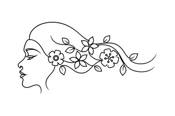 Poster - Elegant female silhouette with floral hair adornments in black and white style