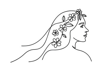 Poster - Minimalist line art illustration of a woman with flowers in her hair profile view.