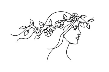 Poster - Minimalist line art portrait of a woman with a floral crown in profile on white