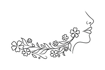 Poster - Elegant female profile with floral adornment in artistic line drawing on white background