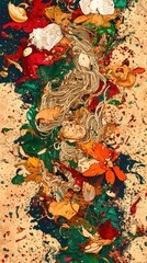 Poster - Abstract Food Composition with Noodles and Vegetables Artistic Illustration Style Vertical Close Up