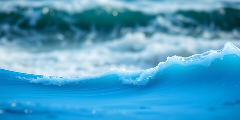 Poster - A serene view showcasing a vibrant blue ocean wave with white foam cresting and distant ocean waves
