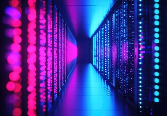 Poster - Symmetrical corridor of data servers illuminated by intense pink and blue LEDs, ideal for digital transformation, cybersecurity visuals, or futuristic infrastructure themes