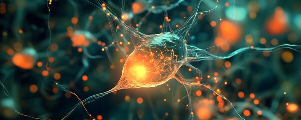 Poster - A captivating close-up of neurons showcasing their intricate structure and glowing connections. This image illustrates the complexity of the nervous system and brain function.