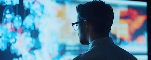 Poster - a focused professional observes data visualizations on a large screen, embodying innovation and anal
