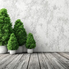 Poster - Four Potted Green Topiary Trees Against White Textured Wall on Wooden Floorboards Interior Design Still Life