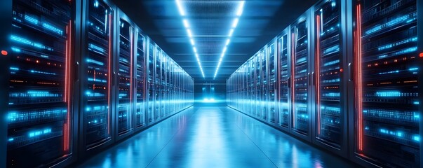 Poster - A high-tech data center showcasing rows of servers illuminated by vibrant blue and red lights, symbolizing modern technology and data management.