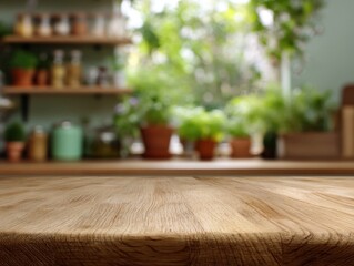 Poster - Rustic wooden tabletop surface with blurred kitchen background plants and shelves product display shot