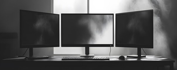 Fototapete - A sleek workspace featuring three modern computer monitors in a minimalistic design. Perfect for showcasing productivity, multitasking, and contemporary office setups.