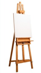 Poster - Isolated Wooden Easel with Blank Canvas Ready for Painting Studio Shot on White Background Art Supply Close Up