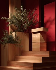 Poster - Minimalist wooden stage with plant against red wall studio shot product display platform zen design interior