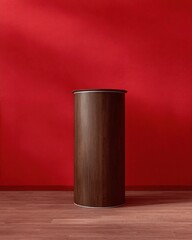 Poster - Minimalist product display podium against a vibrant red wall in studio setting, eye level shot, wooden floor