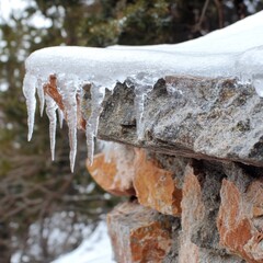 Poster - Close-up of icicles hanging from a snow-covered stone wall in winter scenic landscape outdoors nature photography