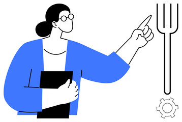 Poster - female professional holding a folder, confidently pointing toward a large standing fork with a gear.