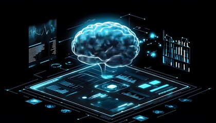 Poster - An illuminated digital brain interacts with complex data visualizations, symbolizing the fusion of artificial intelligence and human cognition in modern technology.