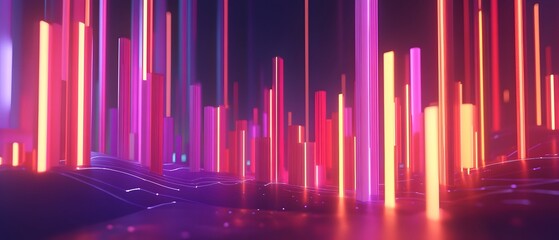 Poster - An immersive digital landscape showcasing vibrant neon columns emanating light against a dark background, symbolizing innovation and modernity in technology and design.