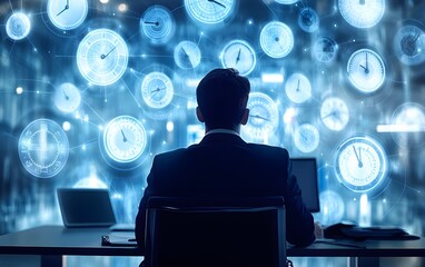 Poster - Businessman analyzing time management and productivity in a digital workspace.