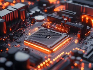 Poster - Close-up of a high-tech microprocessor on a circuit board, illuminated by glowing orange lights. The intricate design showcases modern electronics and cutting-edge technology.