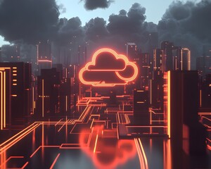 Poster - Futuristic cityscape featuring a glowing cloud symbol, representing advanced cloud computing and digital networks, with illuminated buildings and a dramatic sky.