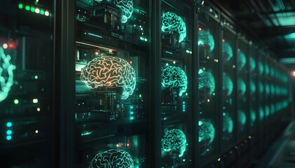 Poster - Futuristic data center showcasing artificial intelligence with glowing brain visuals.