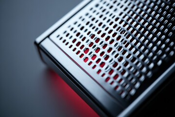 Fototapete - Close-up of a metallic device with perforated surface and glowing red light at dusk