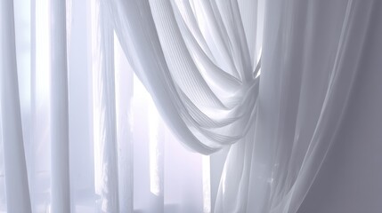 Poster - Sheer White Curtains Draping in Soft Light Close Up Abstract Interior Design Window Treatment Fabric Texture