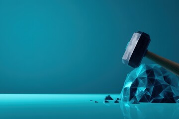 Fototapete - Creative representation of a geometric hammer striking a crystal-like rock in a minimalist setting