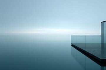 Poster - Serene waterfront view at dawn with calm waters and modern architecture in soft light