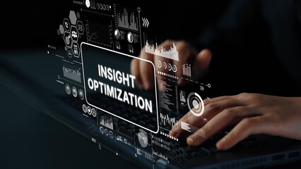 Poster - hands typing on laptop with digital dashboard displaying insight optimization concept for business a