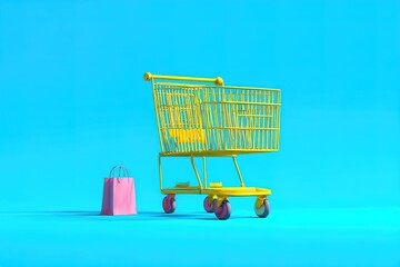Poster - Shopping cart with colorful design and pink bag on vibrant blue background creating playful retail atmosphere