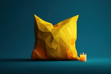 Poster - Bright yellow geometric pillow and orange candle on blue background create vibrant contrast in minimalist decor