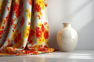 Poster - Bright floral curtain drapes beside a simple white vase on a wooden surface under soft sunlight