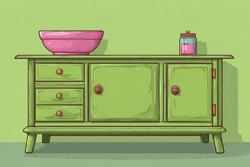 Poster - Green wooden cabinet with pink bowl and jar against a light green wall in a modern interior setting