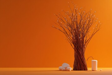 Poster - Decorative arrangement of twigs and marshmallows on a vibrant orange background showcasing creative interior design ideas