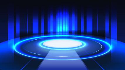 Poster - Futuristic neon stage background with a bright blue light circle and vertical emanating lines