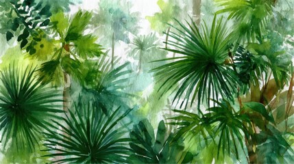 Poster - Watercolor Painting of Tropical Palm Trees from Below in Green and Blue Jungle Forest Illustration