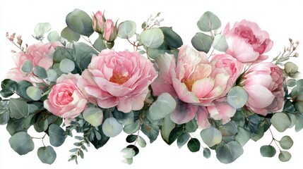 Poster - Watercolor painting of pink roses and eucalyptus leaves isolated on white background floral arrangement botanical art