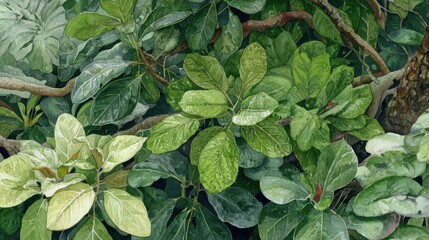 Poster - Watercolor Painting of Lush Green Tropical Foliage and Branches Close Up Artistic Style Botanical Illustration