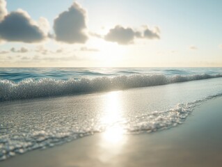 Poster - Gentle wave approaching sandy shore at sunset low angle view peaceful scene tropical beach with fluffy clouds horizon