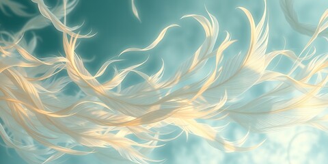Poster - A serene view of delicate white feathers floating gracefully against a soft turquoise backdrop