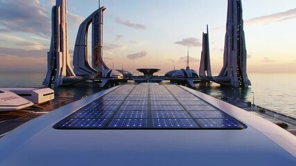 Modern Solar air vehicle docking at port with panel array in view and skyline behind