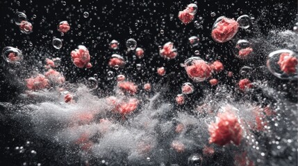 Fototapete - Abstract Macro Shot of Red Particles Suspended in Water with Bubbles on Black Background Studio Shot