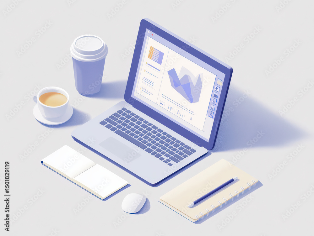 Digital workspace: A modern, minimalist illustration captures the essence of productivity, featuring a laptop displaying a financial graph, a cup of coffee, a notebook, and a pencil.