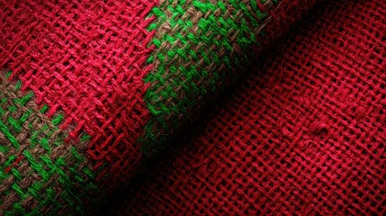 Poster - Red and Green Burlap Fabric Close Up Texture Background Pattern Christmas Holiday Season Material