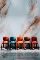 Poster - Row of colorful plastic chairs against marble wall in waiting area, eye level view, indoor shot, modern design