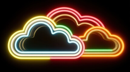 Fototapete - Neon Cloud Trio Illustration on Black Background Glowing in Red Orange Yellow and Blue Colors Studio Shot