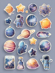 Poster - Explore a Cosmic World With This Vibrant Sticker Set Featuring Stars, Planets, Astronauts, and More With a Faded Upper Section for a Dreamy Effect