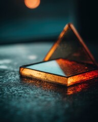 Fototapete - Geometric glass shapes on wet surface macro shot abstract art studio light square triangle orange blue